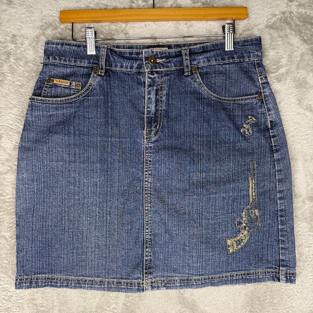 Vtg 90s Mango Denim Skirt Womens 11/12 Short Blue Jean Gun Revolver Embroidery